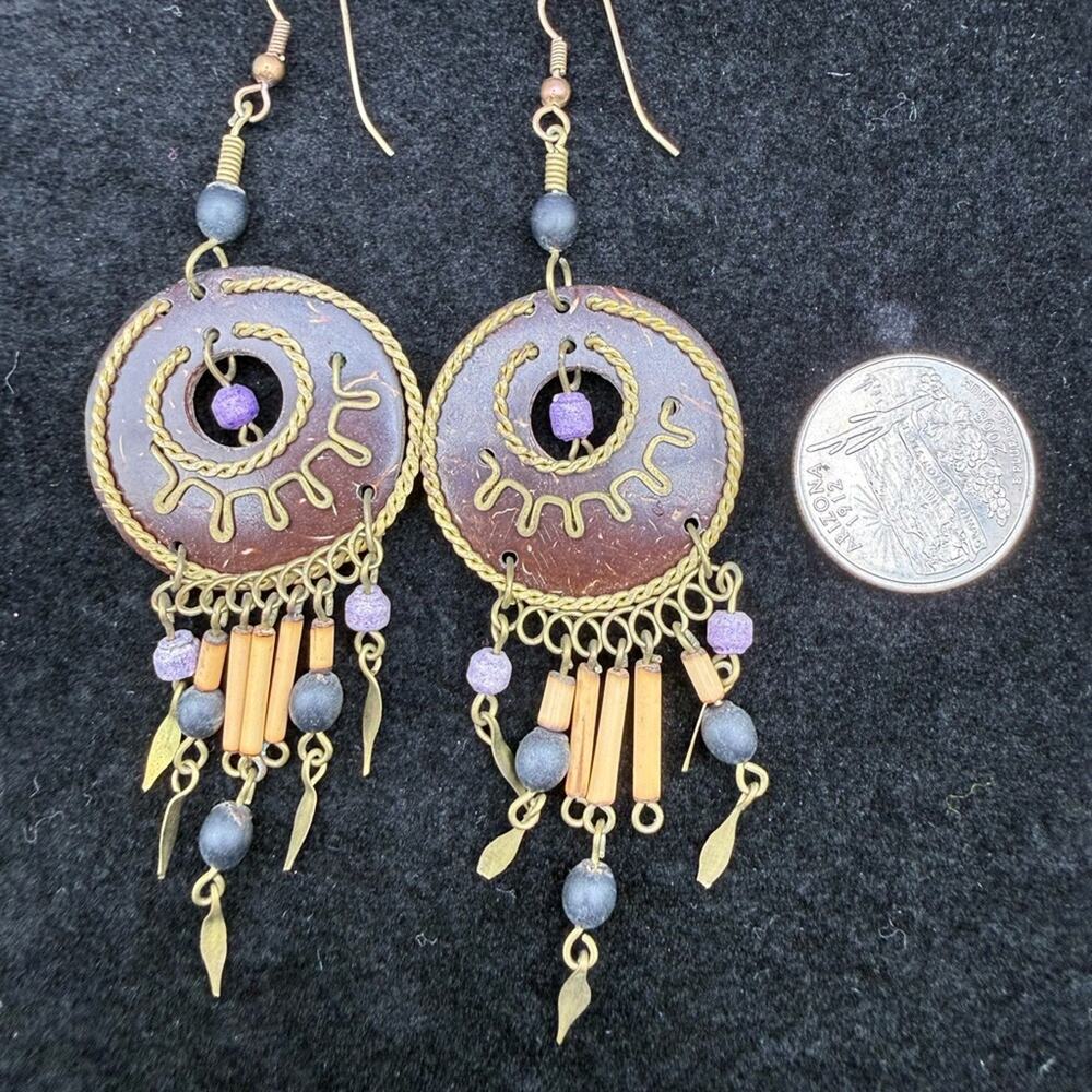 Vintage Bohemian Purple and Gold Sunburst Drop Earrings - Picture 3 of 3